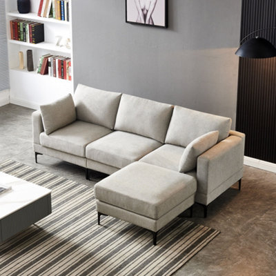 Grey 3-Seater Sofa Set With Ottoman And Pillows, Grey Corner Sofa With Black Metal Legs - image 1