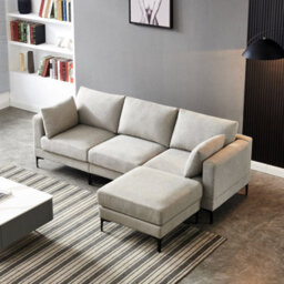 Grey 3-Seater Sofa Set With Ottoman And Pillows, Grey Corner Sofa With Black Metal Legs