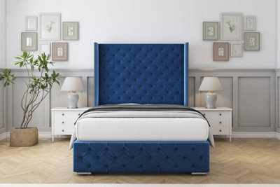 "Sloomy Arundel Navy Plush Bed Frame With 50"" Upholstered Wingback Headboard 4' Small Double" - image 1