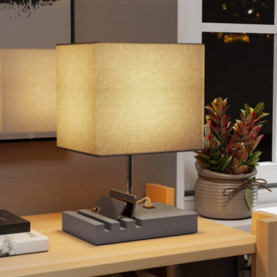 Homcom Table Lamp With 3 Slots, Bedside Lamp With Solid Wood Base, Grey - image 1