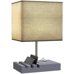 Homcom Table Lamp With 3 Slots, Bedside Lamp With Solid Wood Base, Grey - thumbnail 2