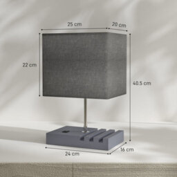 Homcom Table Lamp With 3 Slots, Bedside Lamp With Solid Wood Base, Grey - thumbnail 3