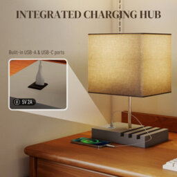 Homcom Table Lamp With 3 Slots, Bedside Lamp With Solid Wood Base, Grey - thumbnail 4