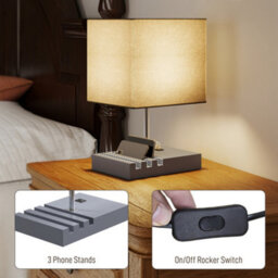 Homcom Table Lamp With 3 Slots, Bedside Lamp With Solid Wood Base, Grey - thumbnail 5