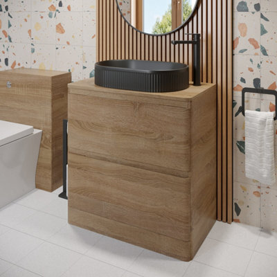 Affine 800mm Bathroom Countertop Vanity Unit Oval Fluted Basin Sink Freestanding Oak - image 1