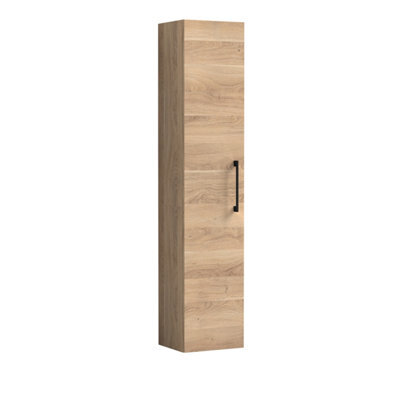 Balterley Bramshall Modern Bathroom 1 Soft Close Door Wall Hung Tall Storage Unit, Woodgrain Light Oak With Black Handle, 300 mm