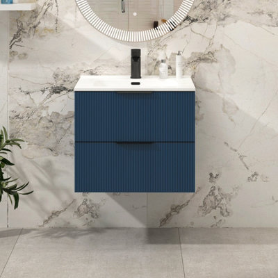 Royal Bathrooms Evora 700mm Midnight Blue Fluted Wall Hung Bathroom Vanity Unit 2 Drawer With Ceramic Basin & Matt Black Handles - image 1