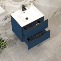 Royal Bathrooms Evora 700mm Midnight Blue Fluted Wall Hung Bathroom Vanity Unit 2 Drawer With Ceramic Basin & Matt Black Handles - thumbnail 4