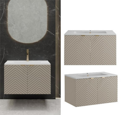 Impact Furniture Bathroom Vanity Unit With Sink Basin 800mm Modern Wall Hung Cabinet Herringbone Beige Cara - image 1