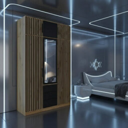 Modern 3 Door Wardrobe Balilux D3 150 Cm Wide With A One Mirror On The Doors And Stylish Strips Black With Oakwotan With Extension - thumbnail 2