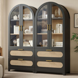 Btm Display Case With Montmartre Archx2, 175X80X40Cm, Bookcase With 2 Drawers & Adjustable Shelves, Retro Design, Black Color - thumbnail 1