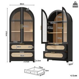 Btm Display Case With Montmartre Archx2, 175X80X40Cm, Bookcase With 2 Drawers & Adjustable Shelves, Retro Design, Black Color - thumbnail 7