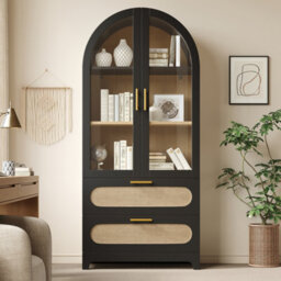 Btm Display Case With Montmartre Archx2, 175X80X40Cm, Bookcase With 2 Drawers & Adjustable Shelves, Retro Design, Black Color - thumbnail 2