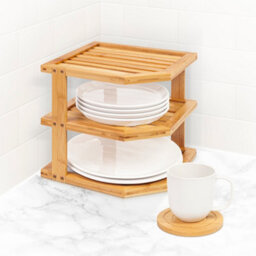 EHC Woodluv 3-Tier Corner Shelf Shelves Unit, Cupboard Organiser, Bathroom Shelf, Corner Organiser, Standing Storage Unit - Bamboo - thumbnail 4