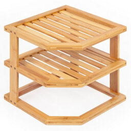 EHC Woodluv 3-Tier Corner Shelf Shelves Unit, Cupboard Organiser, Bathroom Shelf, Corner Organiser, Standing Storage Unit - Bamboo