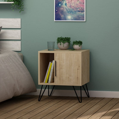 Decortie Glynn Modern Bedside Table Nightstand Metal Hairpin Legs 50Cm Storage Oak Bedroom - image 1
