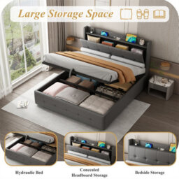 Abrihome 5Ft King Size Upholstered Ottoman Bed, Hydraulic Storage & Hidden Headboard Compartment, With Led Night Lights, Grey (No Mattress) - thumbnail 5