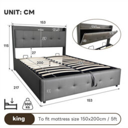 Abrihome 5Ft King Size Upholstered Ottoman Bed, Hydraulic Storage & Hidden Headboard Compartment, With Led Night Lights, Grey (No Mattress) - thumbnail 8