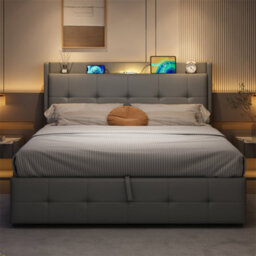 Abrihome 5Ft King Size Upholstered Ottoman Bed, Hydraulic Storage & Hidden Headboard Compartment, With Led Night Lights, Grey (No Mattress) - thumbnail 9