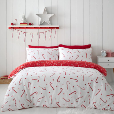 Catherine Lansfield Bedding Christmas Candy Cane Reversible Duvet Cover Set With Pillowcases Red/ White - image 1