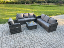 Fimous Outdoor Rattan Garden Furniture Set Conservatory Patio Sofa Coffee Table With Reclining Chair Dark Grey Mixed - thumbnail 2