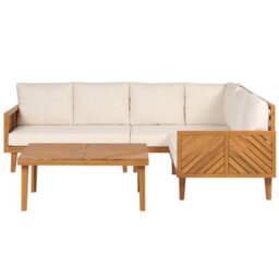 Beliani Baratti 4 Seater Acacia Wood Garden Corner Sofa Set With Coffee Table, Light Beige - thumbnail 1