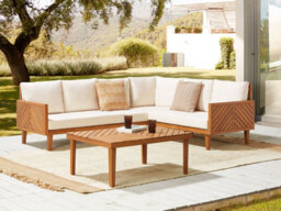 Beliani Baratti 4 Seater Acacia Wood Garden Corner Sofa Set With Coffee Table, Light Beige - thumbnail 2