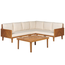 Beliani Baratti 4 Seater Acacia Wood Garden Corner Sofa Set With Coffee Table, Light Beige - thumbnail 4