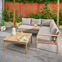 GoodHome Riveo Natural Wooden 5 Seater Modular Corner Garden Furniture Set