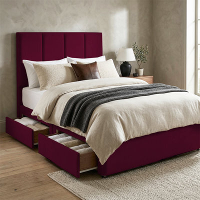"Slumbre Stafford Plush Velvet Divan Bed, 50"" Headboard - 4Ft6 Double - Burgundy - 4 Drawers" - image 1