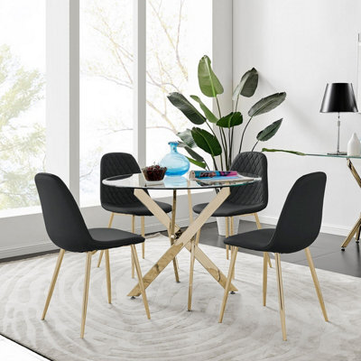 Furniturebox Uk Novara Gold Metal Round Glass Dining Table And 4 Black Corona Gold Dining Chairs - image 1