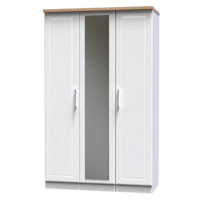 Sevilla Ready Assembled Traditional Matt White & Oak Large Triple Wardrobe With 1 Mirror Door (H)1825mm (W)1110mm (D)530mm - image 1