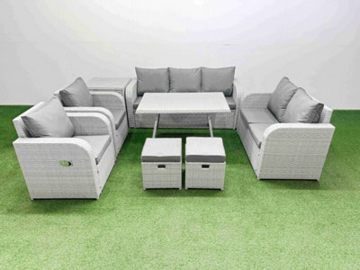 Fimous Pe Rattan Garden Furniture Set Outdoor Rectangular Dining Table Sofa Set With Reclining Chair 2 Small Stool Side Table - image 1