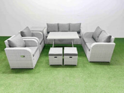 Fimous Pe Rattan Garden Furniture Set Outdoor Rectangular Dining Table Sofa Set With Reclining Chair 2 Small Stool Side Table - thumbnail 2