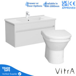 Vitra 1000mm Wall Hung Bathroom Vanity Unit With 1 Drawer Includes Basin, Chrome Tap And Back To Wall Toilet - White Gloss - thumbnail 1