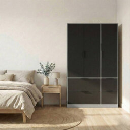 Urbn-Living Urbnliving 3 Door Wardrobe With 4 Drawers Wooden Bedroom Storage Cupboard With Hanging Rail For Clothes - Grey Unit & Black Door - thumbnail 2
