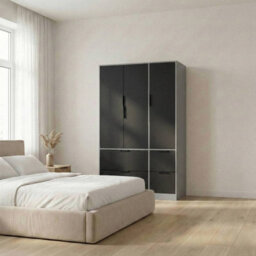 Urbn-Living Urbnliving 3 Door Wardrobe With 4 Drawers Wooden Bedroom Storage Cupboard With Hanging Rail For Clothes - Grey Unit & Black Door - thumbnail 3