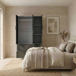 Urbn-Living Urbnliving 3 Door Wardrobe With 4 Drawers Wooden Bedroom Storage Cupboard With Hanging Rail For Clothes - Grey Unit & Black Door - thumbnail 4