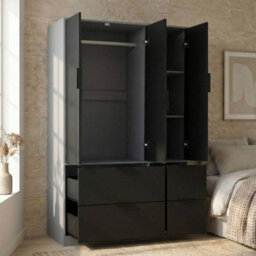 Urbn-Living Urbnliving 3 Door Wardrobe With 4 Drawers Wooden Bedroom Storage Cupboard With Hanging Rail For Clothes - Grey Unit & Black Door - thumbnail 5