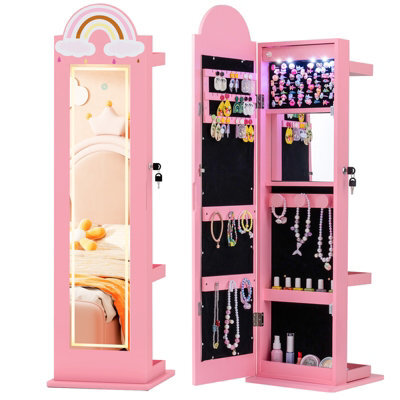 Gainoom 3 In 1 Kids Pink Jewelry Cabinet Freestanding Jewelry Armoire W/3-Color Lighted Full Length Mirror - image 1