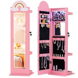 Gainoom 3 In 1 Kids Pink Jewelry Cabinet Freestanding Jewelry Armoire W/3-Color Lighted Full Length Mirror