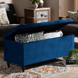 90Cm Cubed Upholstered Ottoman Storage Box Sapphire Blue Plush Velvet Multifunctional Blanket Storage Box With Wooden Legs - thumbnail 3
