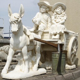 White Stone Cast Donkey And Cart With Children