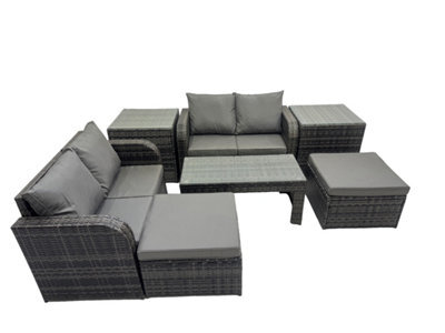 Fimous 3 Seater Sofa Reclining Chair Coffee Table Set Rattan Garden Furniture Set With 2 Side Tables 2 Big Stools Dark Grey Mixed - image 1