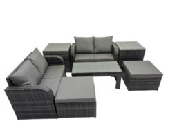 Fimous 3 Seater Sofa Reclining Chair Coffee Table Set Rattan Garden Furniture Set With 2 Side Tables 2 Big Stools Dark Grey Mixed - thumbnail 1