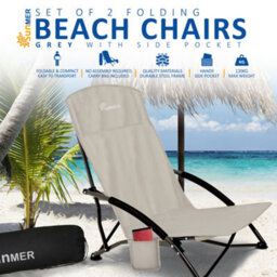 Sunmer Set Of 2 Folding Beach Chairs With Side Pocket & Carry Bag - Grey - thumbnail 2