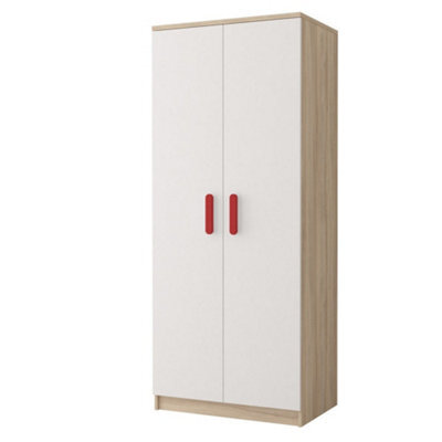 Arte Smyk Iii 06 White Front Oak Sonoma Carcass Hinged Wardrobe 800mm H1930mm D500mm With Striking Red Handles - image 1