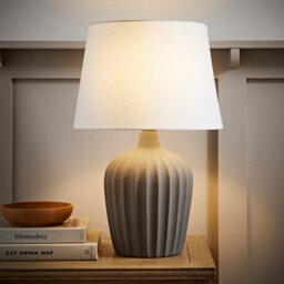Valuelights Serena Natural Tapered Linen Lamp Shade Ribbed Ceramic Grey Table Lamp With Bulb