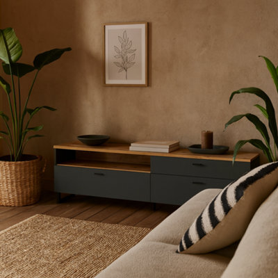 Wyld Haus Stockholm 205Cm Grey And Oak Tv Unit 2 Doors 1 Drawer - image 1