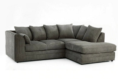Darnall Grey Jumbo Cord L Shaped Corner Sofa Right Hand Deep Filled Cushions 4 Seater Fabric Sofa